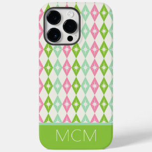 Coque Case-Mate iPhone Monogramme Retro Diamants de Noël rose et vert