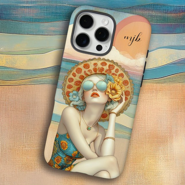 Coques Case-Mate iPhone Monogramme Rétro Glam Summer Beach Femme (Personalize with your monogram initials.)