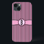 iPhone 13 Case Monogramme rétro-rayé Motif rose noir<br><div class="desc">Ce design les années 50 coque mignon, girly, légèrement rétro montre des rayures roses, roses claires et noires et un espace que vous pouvez personnaliser / customiser. Ajoutez simplement votre propre monogramme / initial dans le champ "Personnalisez-le". La police carrée donne au monogramme un aspect moderne vintage. Il s'agit d'un...</div>