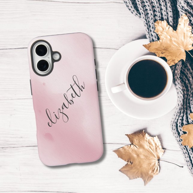 Coques Case-Mate iPhone Monogramme rose Aquarelle Arrière - plan C (Pink watercolor wash Monogram script name iPhone cell phone case)