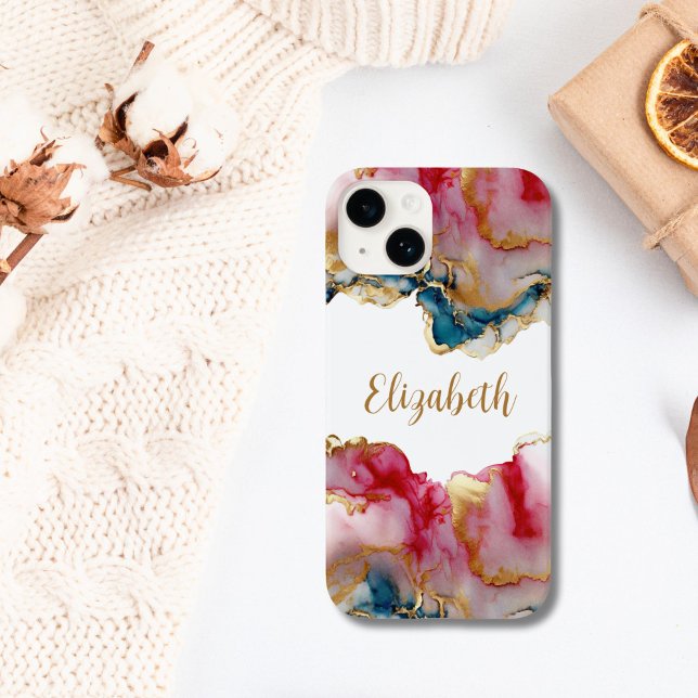 Coques Case-Mate iPhone Monogramme Rose Bleu Or Lavis Aquarelle Abstrait (Pink blue gold alcohol ink watercolor wash Monogrammed iPhone case, iPhone 16, 15. 14 13 12 11)