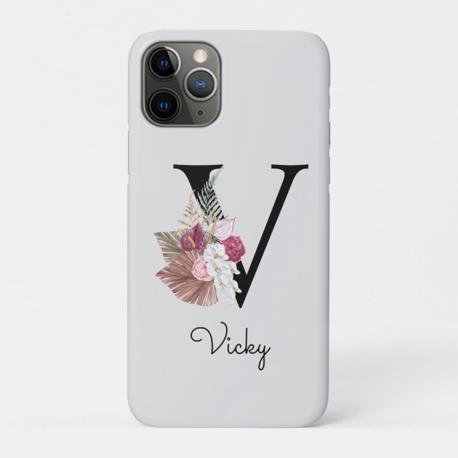 Coques Case-Mate iPhone Monogramme Rose Boho Féminin Floral Initiale V (Dos)