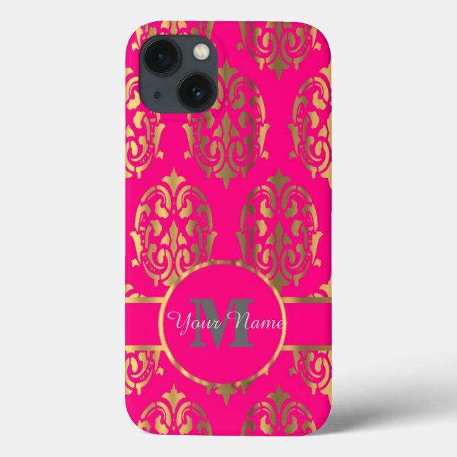 Coques Case-Mate iPhone monogramme rose chaud et or damassé (Verso)