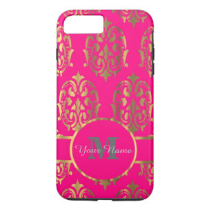 Coque iPhone 7 Plus monogramme rose chaud et or damassé