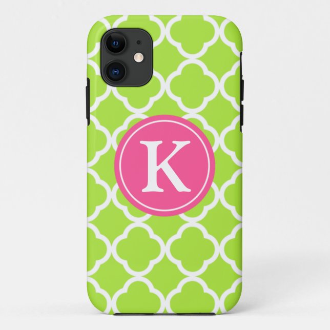 Coques Case-Mate iPhone Monogramme rose de Quatrefoil de chaux (Dos)