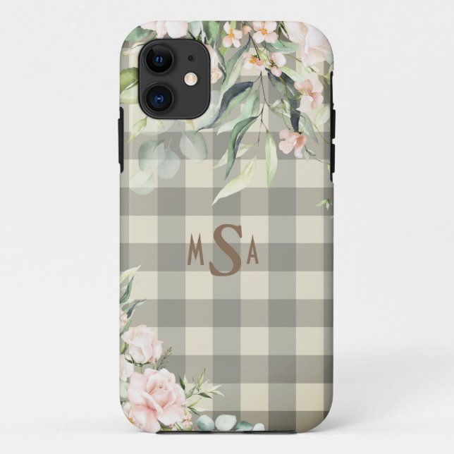 Coques Case-Mate iPhone Monogramme rose et blanc En vichy tan floral (Dos)