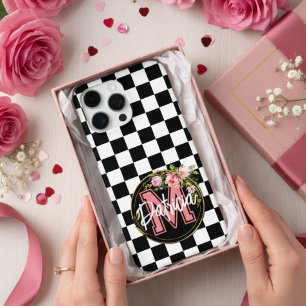 Coque iPhone 16 Pro Max Monogramme rose Fleur noir et blanc À damiers Cas