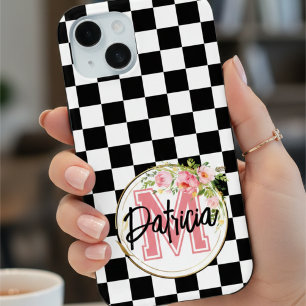 Coque Case-Mate iPhone Monogramme rose floral chic damier noir et blanc