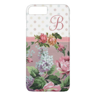 Coques Pour iPhone Monogramme rose floral vintage de point de polka