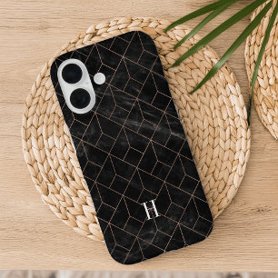 Coque Pour iPhone 16 Monogramme Rose géométrique or et marbre noir