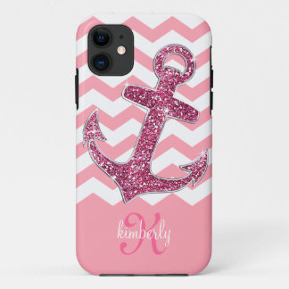 Coque iPhone 11 Monogramme rose Girly de Chevron d'Ancre de