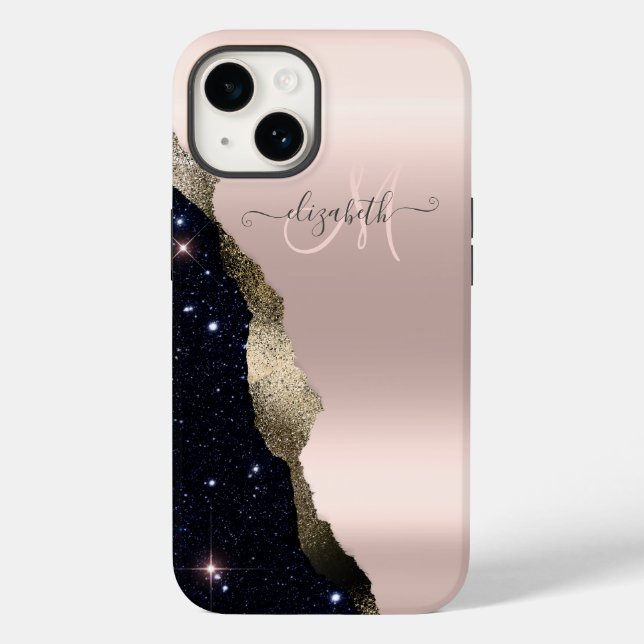 Coques Case-Mate iPhone Monogramme Rose Gold Pailleté Noir Élégant (Verso)