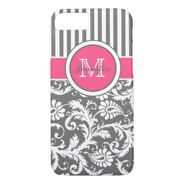 Coques Case-Mate iPhone Monogramme rose gris blanc rayé Damas (Dos)