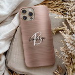 Coque Case-Mate iPhone Monogramme rose métal brossé or<br><div class="desc">Cet élégant étui de téléphone personnalisé présente un monogramme et un prénom en écriture moderne noir et blanc sur un arrière - plan en métal brossé or rose tendance.</div>