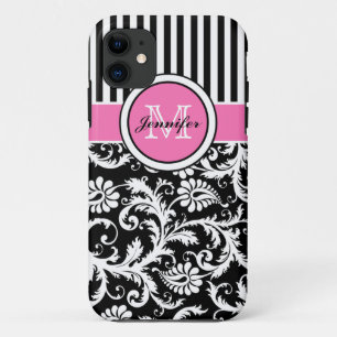 Etui iPhone Case-Mate Monogramme rose, noir, blanc rayé Damas