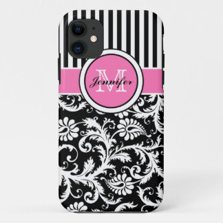 Etui iPhone Case-Mate Monogramme rose, noir, blanc rayé Damas
