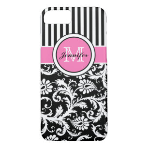 Coque iPhone 8/7 Monogramme rose, noir, blanc rayé Damas