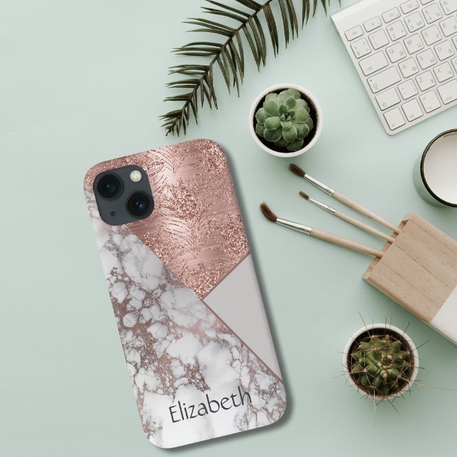 Coques Case-Mate iPhone Monogramme Rose or marbre blanc gris géométrique (Monogrammed Personalized Rose Gold Glitter Marble Geometric Abstract iPhone case )