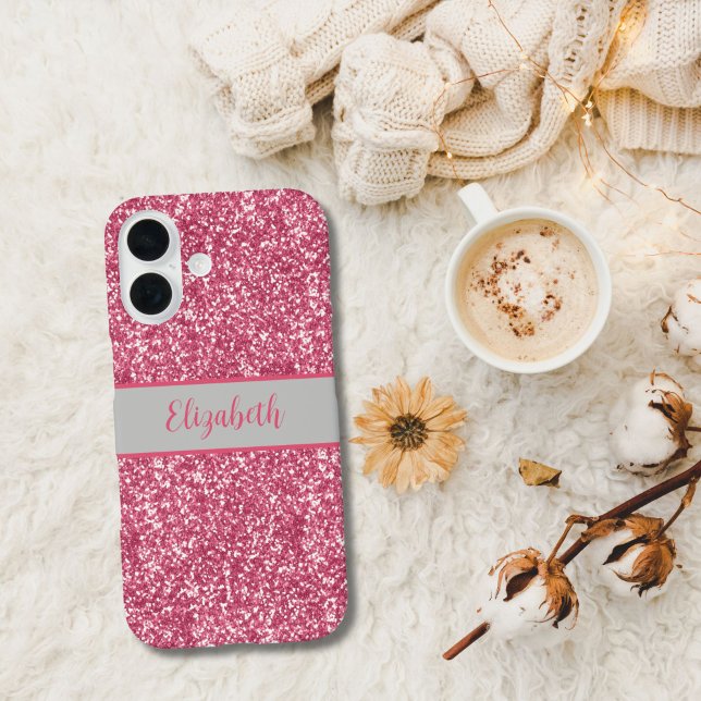 Coques Case-Mate iPhone Monogramme Rose Pailleté Gris Tendance Glamour Bri (Pink Glitter Monogrammed Name iPhone 16, 15, 14, 13, 12 case.  Available in all current iPhone cases)