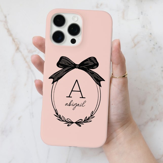 Coques Case-Mate iPhone Monogramme Rose Pâle Féminin Élégant Nœud Noir Mod (Modern Black Bow Stylish Girly Blush Pink Monogram Case-Mate iPhone Case)