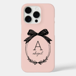 Coque iPhone 16 Pro Monogramme Rose Pâle Féminin Élégant Nœud Noir Mod