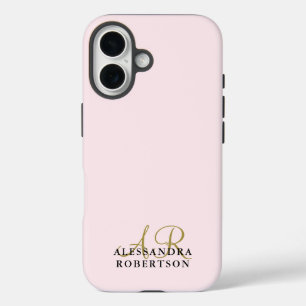 Coque Pour iPhone 16 Monogramme Rose Pastel Minimaliste Or Noir Élégant
