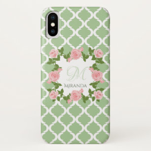 Coques Pour iPhone Monogramme rose rose du Quatrefoil vert du Nil