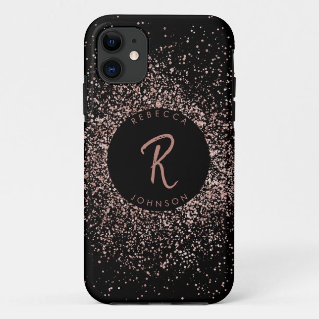 Coques Case-Mate iPhone Monogramme rose rose or et noir (Dos)