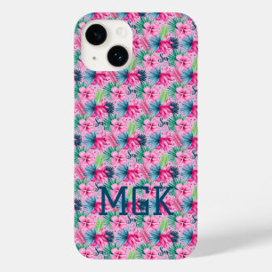 Coque Case-Mate iPhone Monogramme rose vert bleu floral brillant Tropical
