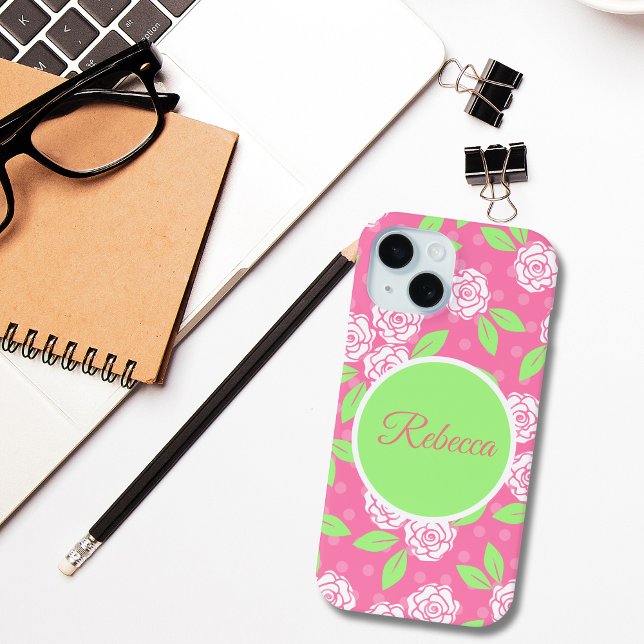 Coques Case-Mate iPhone Monogramme rose vert floral tendance chic (Monogram Name Pink Green Floral Shabby Chic iPhone Case)
