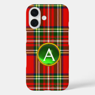 COQUE POUR iPhone 16 MONOGRAMME ROUGE-ÉCOSSE TARTAN ET VERT EN PIERRE G