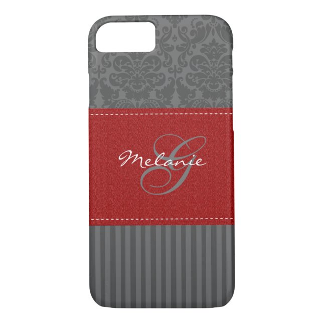 Coques Case-Mate iPhone Monogramme rouge, gris Damask Stripe iPhone 7 Coqu (Dos)
