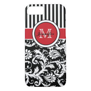Coque Case-Mate Pour iPhone Monogramme rouge noir blanc rayé Damas