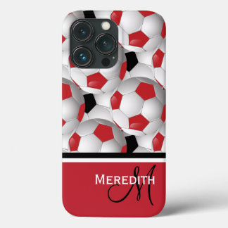 iPhone 13 Pro Case Monogramme Rouge noir Motif de balle de soccer