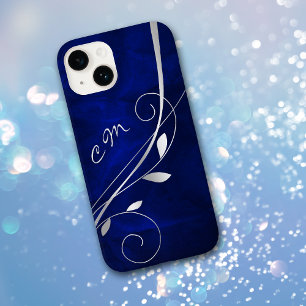 Coque Case-Mate iPhone Monogramme royal bleu feuille argent