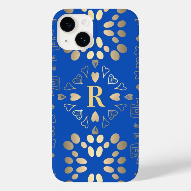 Coques Case-Mate iPhone Monogramme Royal Blue Gold Motif (Verso)