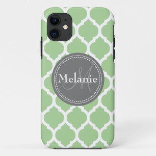 Coque iPhone 11 Monogramme Sage Green & Grey Quatrefoil
