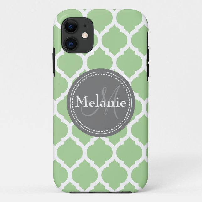 Coques Case-Mate iPhone Monogramme Sage Green & Grey Quatrefoil (Dos)