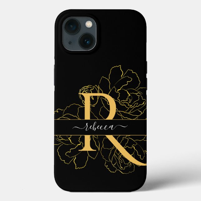 Coques Case-Mate iPhone Monogramme Script Nom Moderne Noir Or Floral (Verso)
