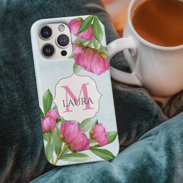 Coques Case-Mate iPhone Monogramme simple rose floral (Pink floral monogram peonies phone case.)