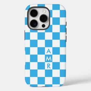 Coque iPhone 16 Pro Monogramme Sky Blue À damiers Motif