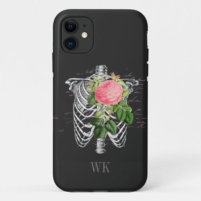 Coques Case-Mate iPhone Monogramme squelette de roses roses gothiques vint (Dos)
