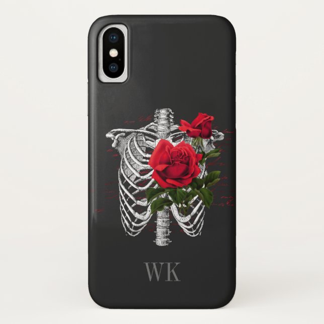Coques Case-Mate iPhone Monogramme squelette de roses rouges gothiques vin (Dos)