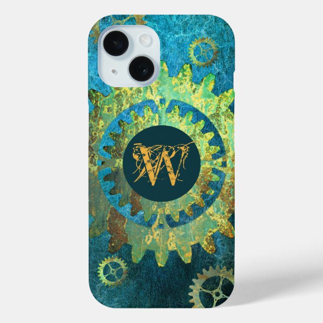 Coques Case-Mate iPhone Monogramme Steampunk Verdigris Rusty Cogwheel (Verso)