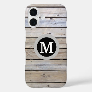 Coque Pour iPhone 16 Monogramme sur fond de bois de plage