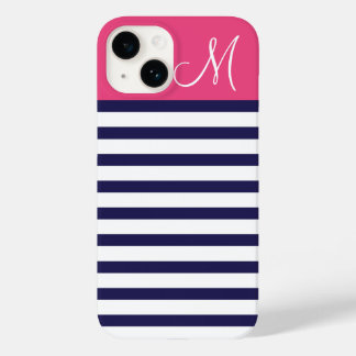 Coque Pour iPhone 14 Monogramme sur mesure bleu marine et rose Preppy