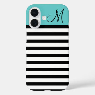 Coque Pour iPhone 16 Monogramme sur mesure de bandes Preppy noir et tur