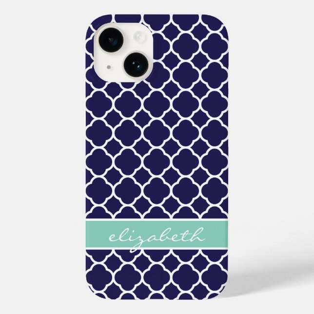 Coques Case-Mate iPhone Monogramme sur mesure de Quatrefoil bleu marine et (Verso)