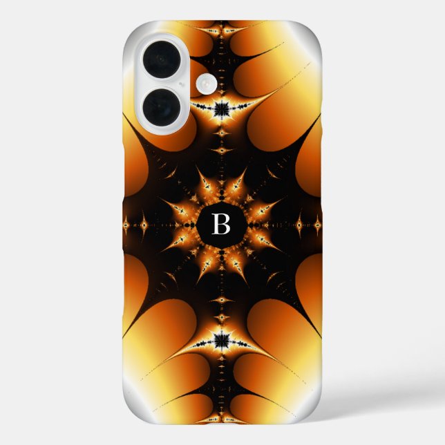Coques Case-Mate iPhone Monogramme symétrique noir et orange fractal (Verso)
