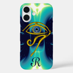 Coques iPhone 16 MONOGRAMME TALISMAN BLEU Turquoise, Turquoise Blan